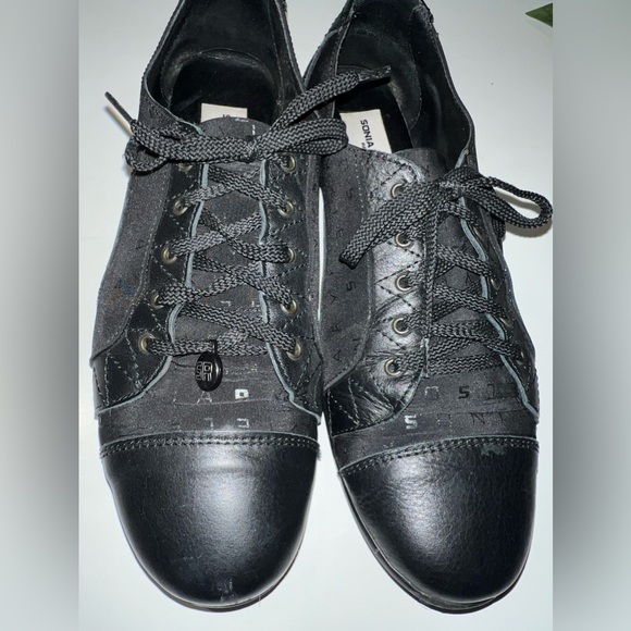 Sonia Rykiel Paris Black Leather/Satin Lace Up Sneakers with Rhinestone - Picture 4 of 11